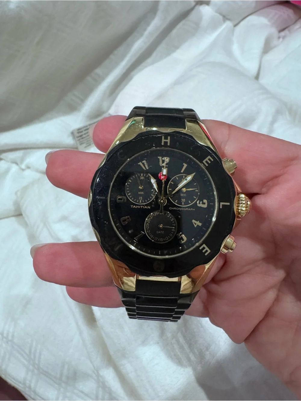 Women's MICHELE Black and Gold Chronograph Watch - Classic Dress Style